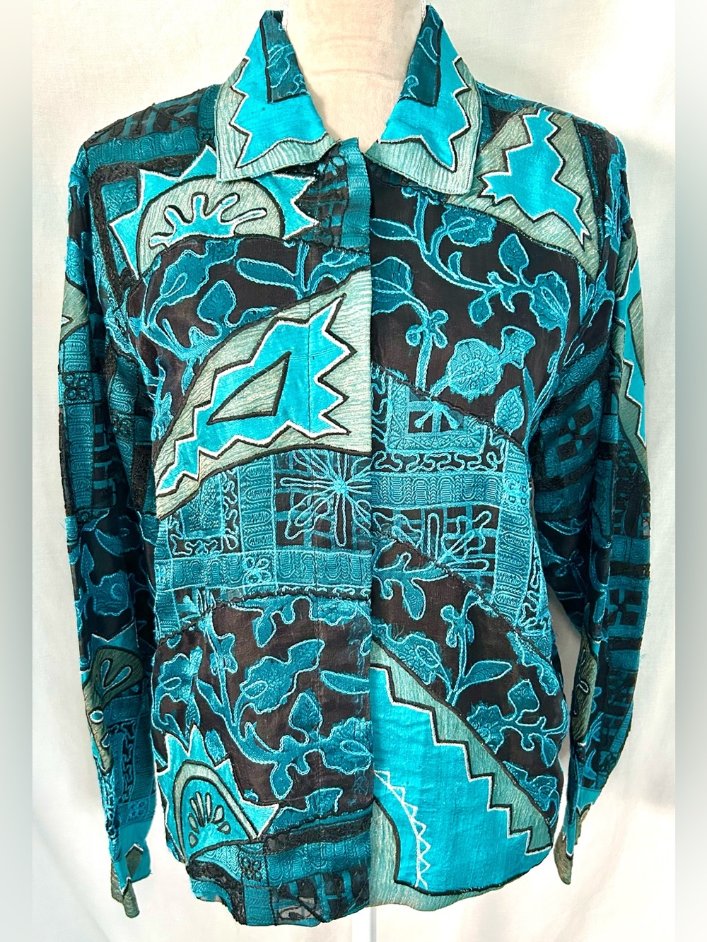 VTG Y2K Coldwater Creek Teal, Black Embroidered Patchwork Silk Jacket, Size XL